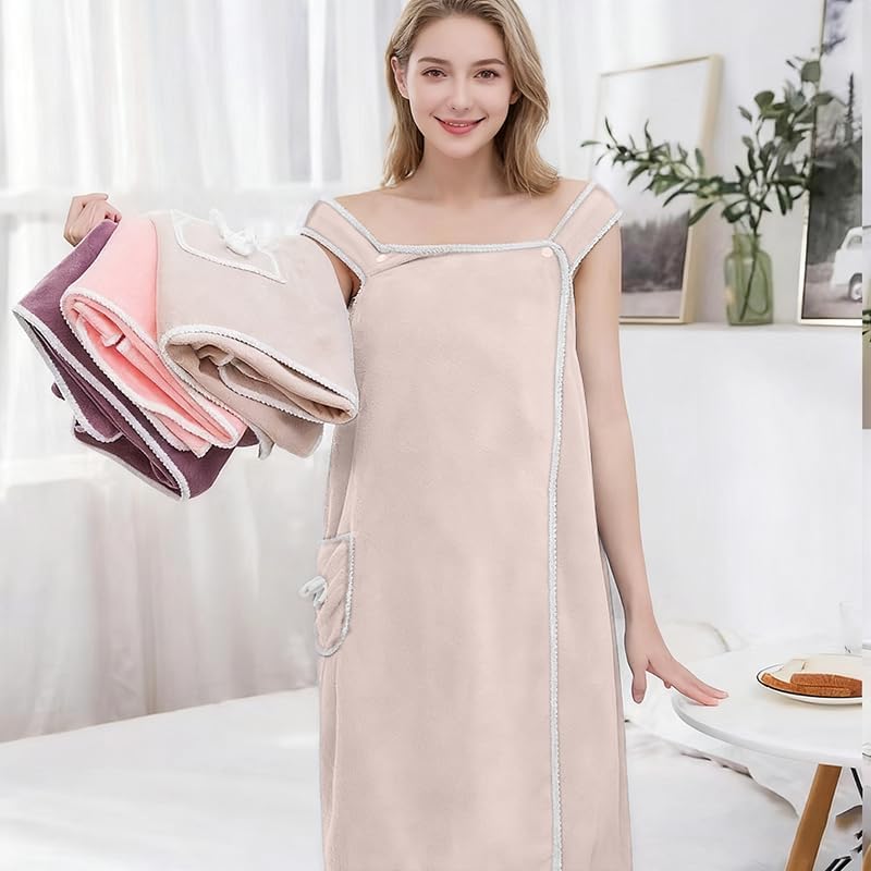 Spa Body Wrap Bath Towel Warp Shower Tower Soft Lighterweight Knee Length Shower with Pocket Soft Coral Velvet Bath 31x53 in,Khaki